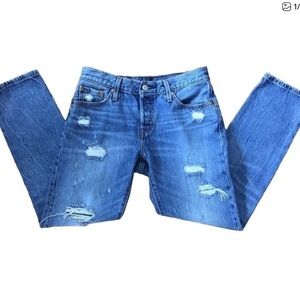 Levis 501 Blue Jeans Distressed ripped 100% cotton denim button fly straight 25